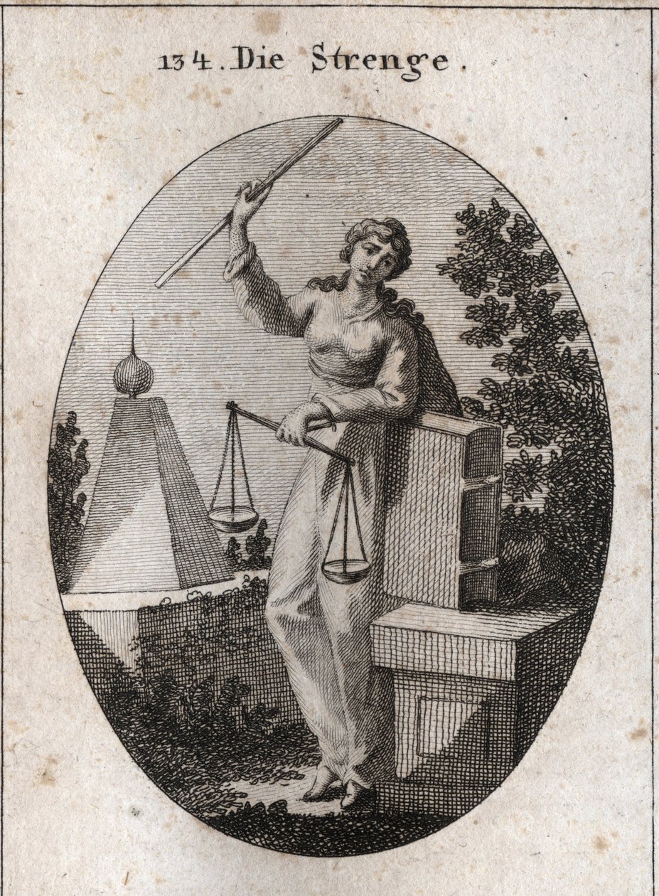 Allegory of rigor represented under a ferocity aspect holding with the right hand a rod of high iron and relying from the left on the book of laws. It has in the same hand a balance, one of which prevails over the other. Engraving in 