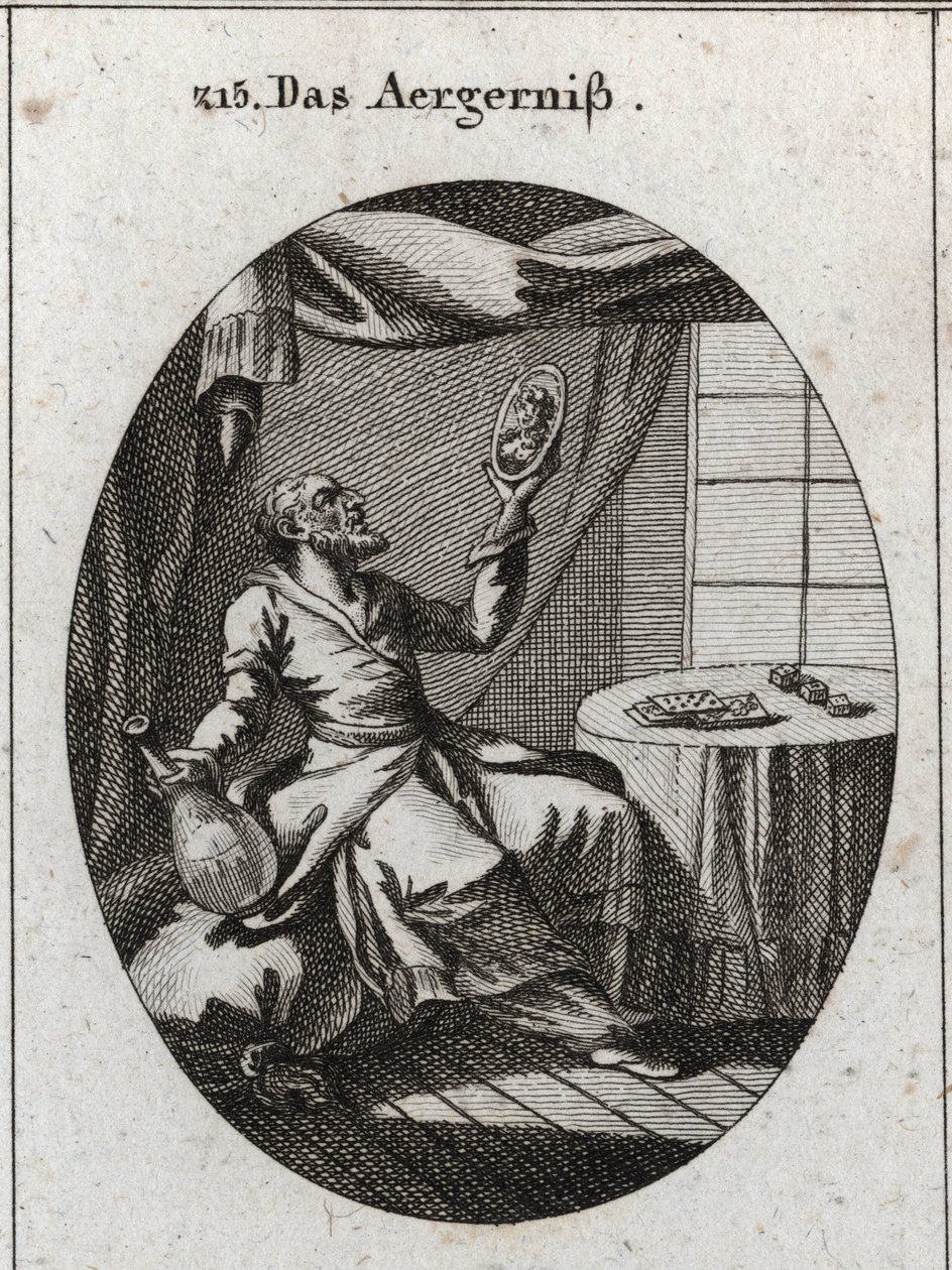 Allegory of scandal. He holds with one hand a bottle and on the other a portrait of a young woman and near a table on which are playing cards and games. Engraving in 