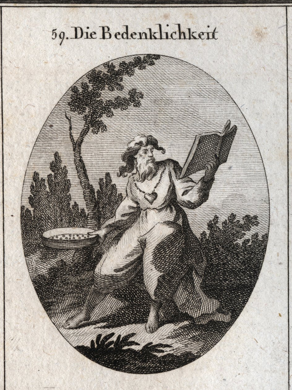 Allegory of scruples represented by an old man with a gold chain to which is attached a heart emblem of candor and good advice. He maintains a calendar that he carefully considers and a sieve that is the attribute of the distinction between good and evil by Austrian School