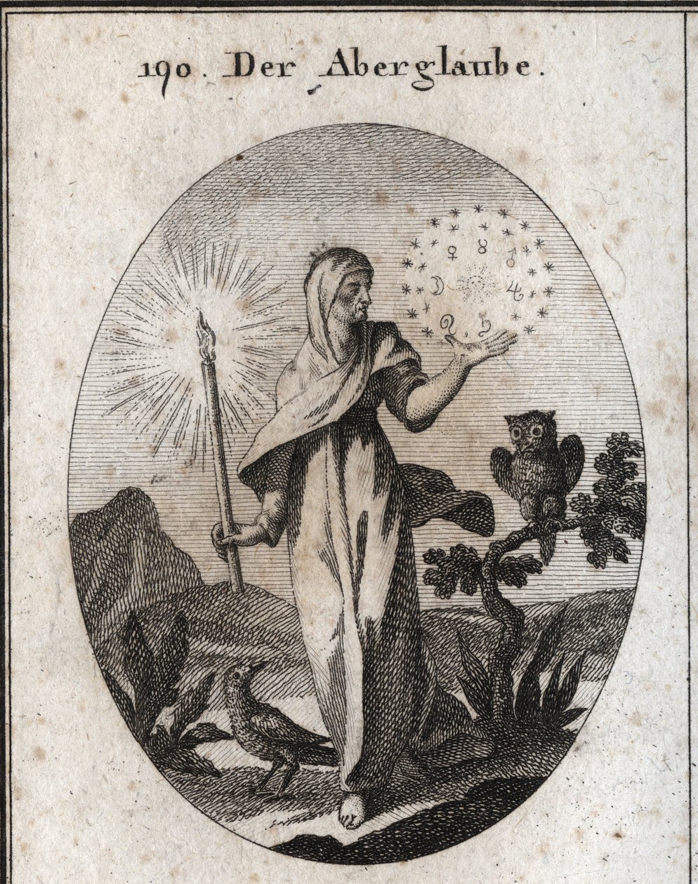 Allegory of superstition. She holds a candle lights and a circle of stars that surrounds the signs of the seven planets that she considers to be anxious. Its attributes are the owl and the crow. Engraving in “Iconologie oder Ideen aus dem Gebiete der Lei by Austrian School