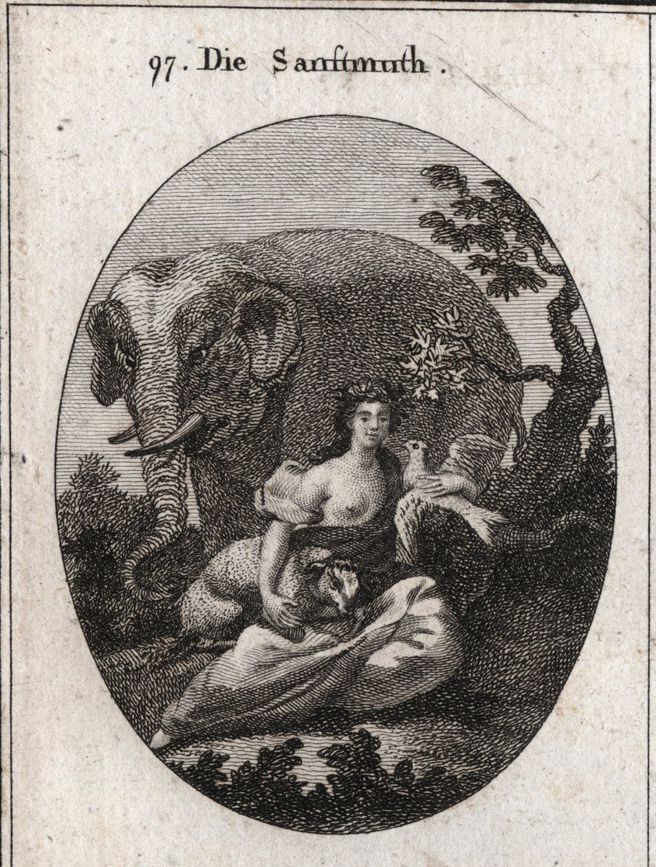 Allegory of Sweetness or Mansuetude, crown of olive trees for the symbol of peace. Its attribute is the elephant, representing the goodness of the heart, the lamb symbol of mansuetude and the dove, emblem of sweetness. Engraving in 