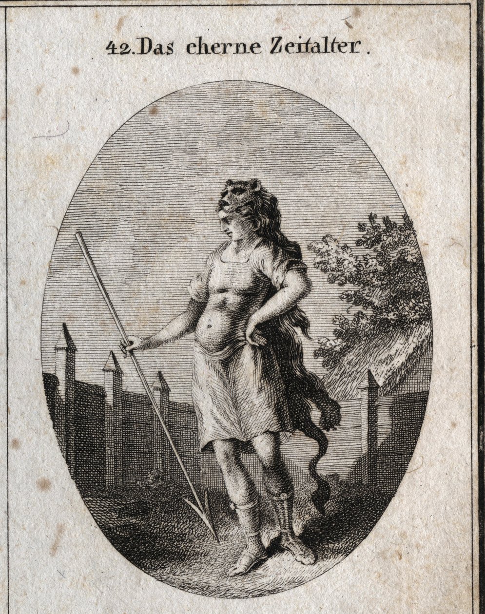 Allegory of the Copper Age represented as a sentinel near a fence in a proud attitude armed with a corselet and a javelin and cap of a lion