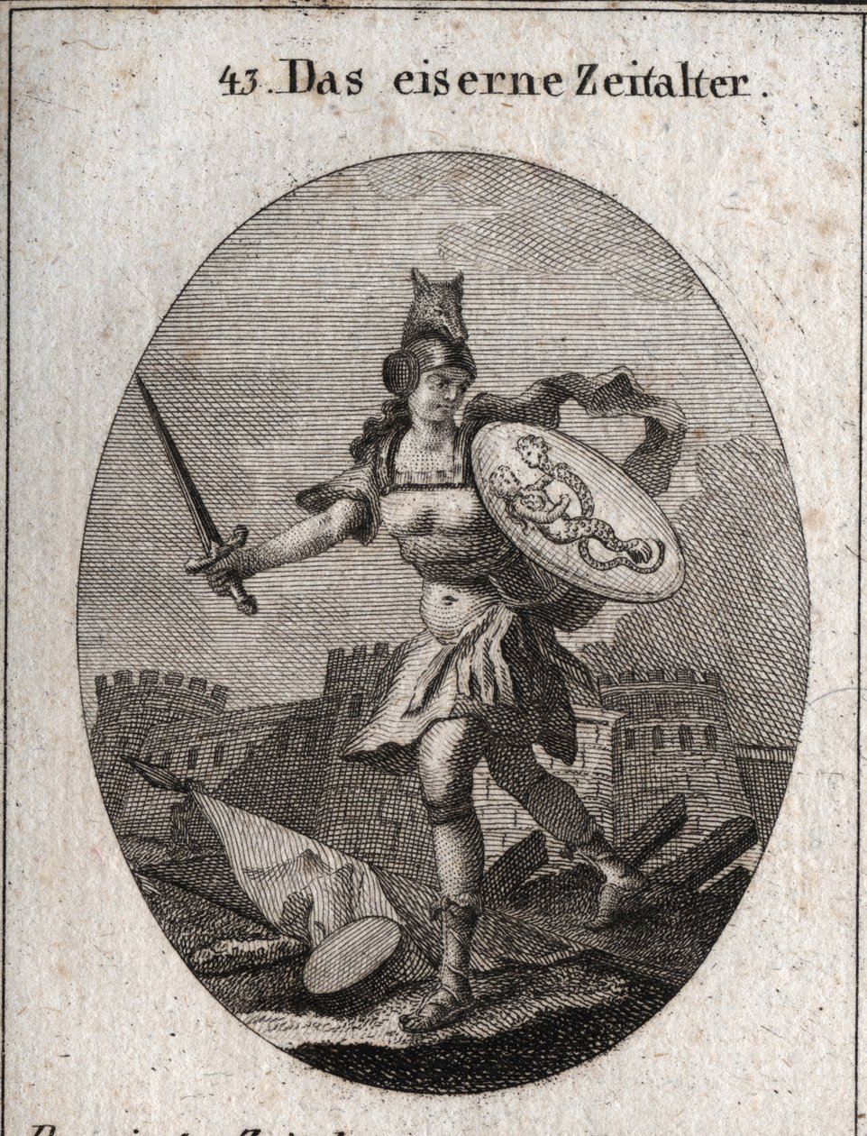 Allegory of the Iron Age characterized by violence, bad faith, and treason. Of fierce appearance, she is armed with a helmet in the head of a wolf, holds a sword and a shield where fraud and vice are represented (siren and snake with human faces). by Austrian School