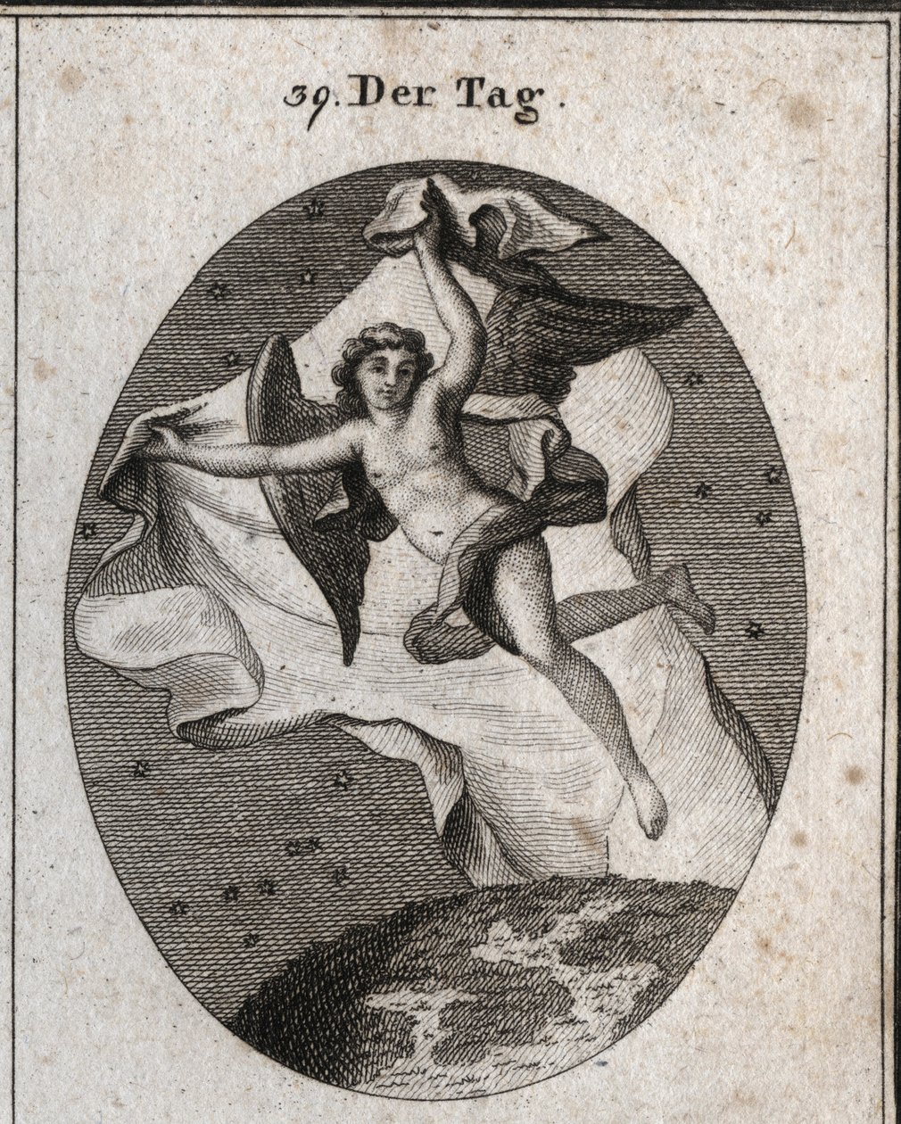 Allegory of the Day Flying Quickly and Hiding the Night and the Stars Using a Bright Large Veil. Engraving in Iconologie oder Ideen aus dem Gebiete der Leidenschaften und Allegorien bildich dargestellt fur Zeichner, Mahler, Dichter, Gelehrte, Erzieher u by Austrian School