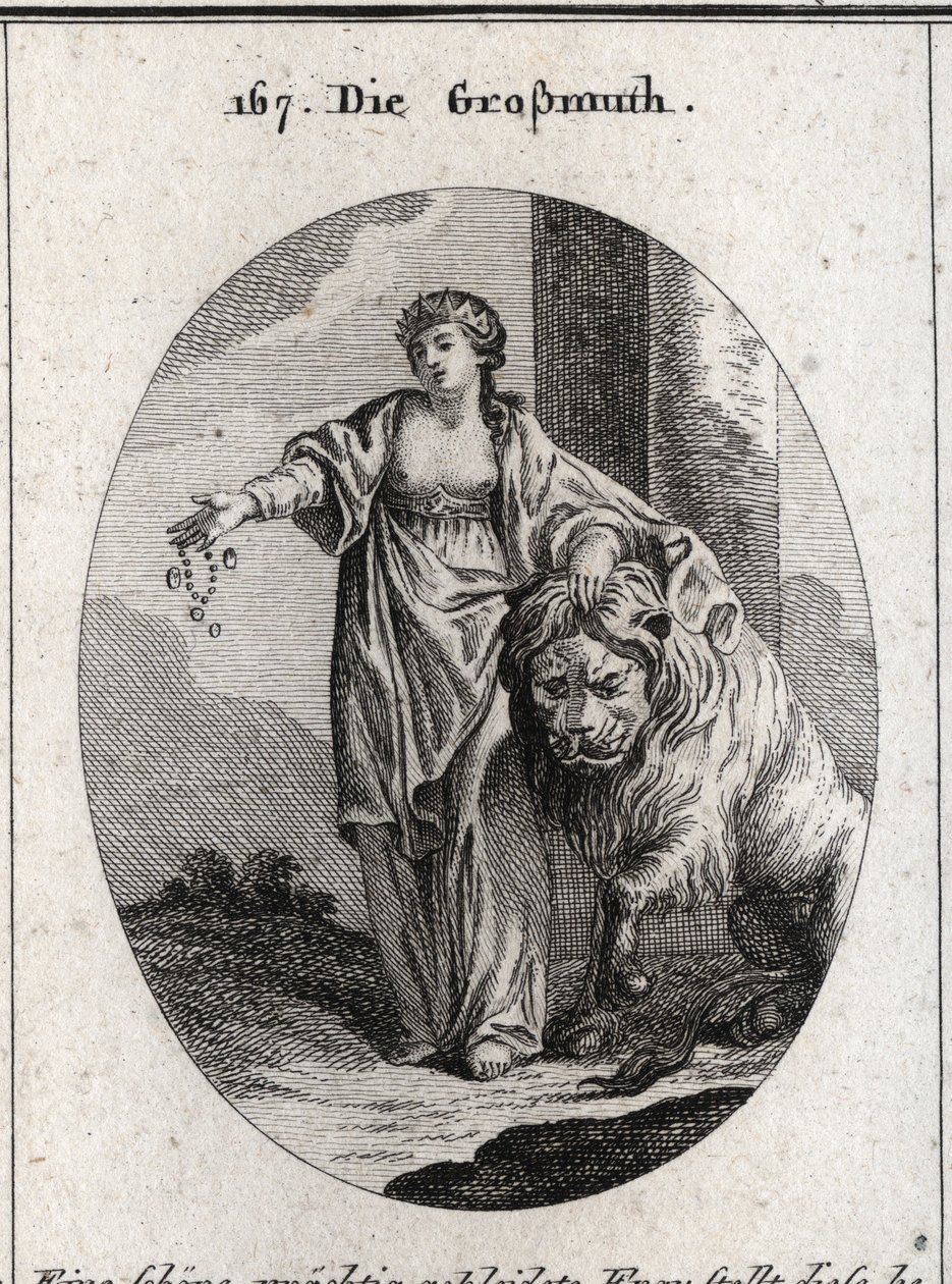 Allegory of generosity bearing a golden crown on the head and chest uncovered, designating the nobility of feelings and sincerity of the heart. She presents jewels and gold in one hand and the other rests on a lion lying peacefully at her feet. Engravi by Austrian School