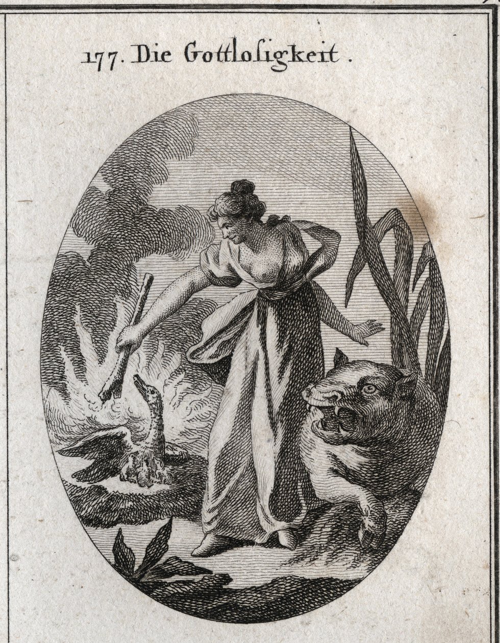 Allegory of impiety holding a torch from which she burns a pelican in her nest with her young. Her attribute is the hippo. Engraving in 