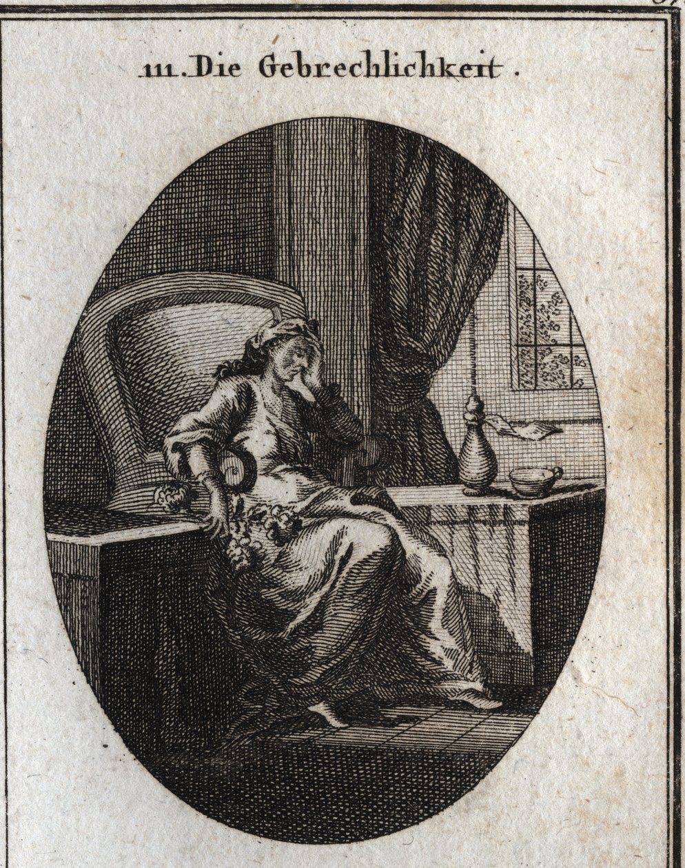 Allegory of Infirmity Represented Sitting in an Armchair, Holding with One Hand His Head and Holding in the Other a Branch of Wild Anemones Symbol of the Disease. Engraving in 