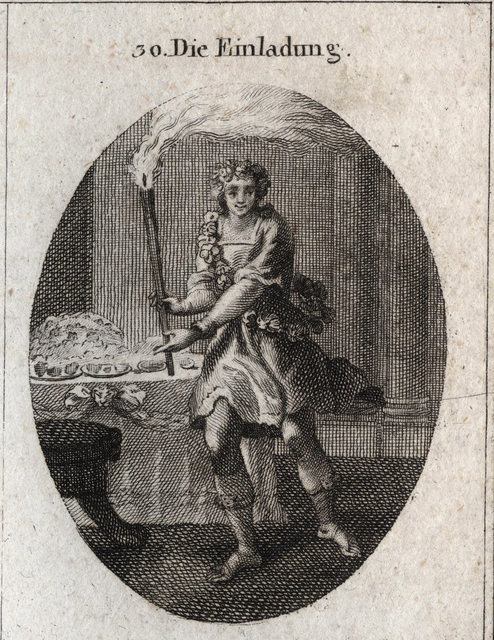 Allegory of the invitation as a young man with a laughing face inviting to a table covered with dishes. The torch he holds is the attribute of Comus, god of feasts and night parties. Engraving in 