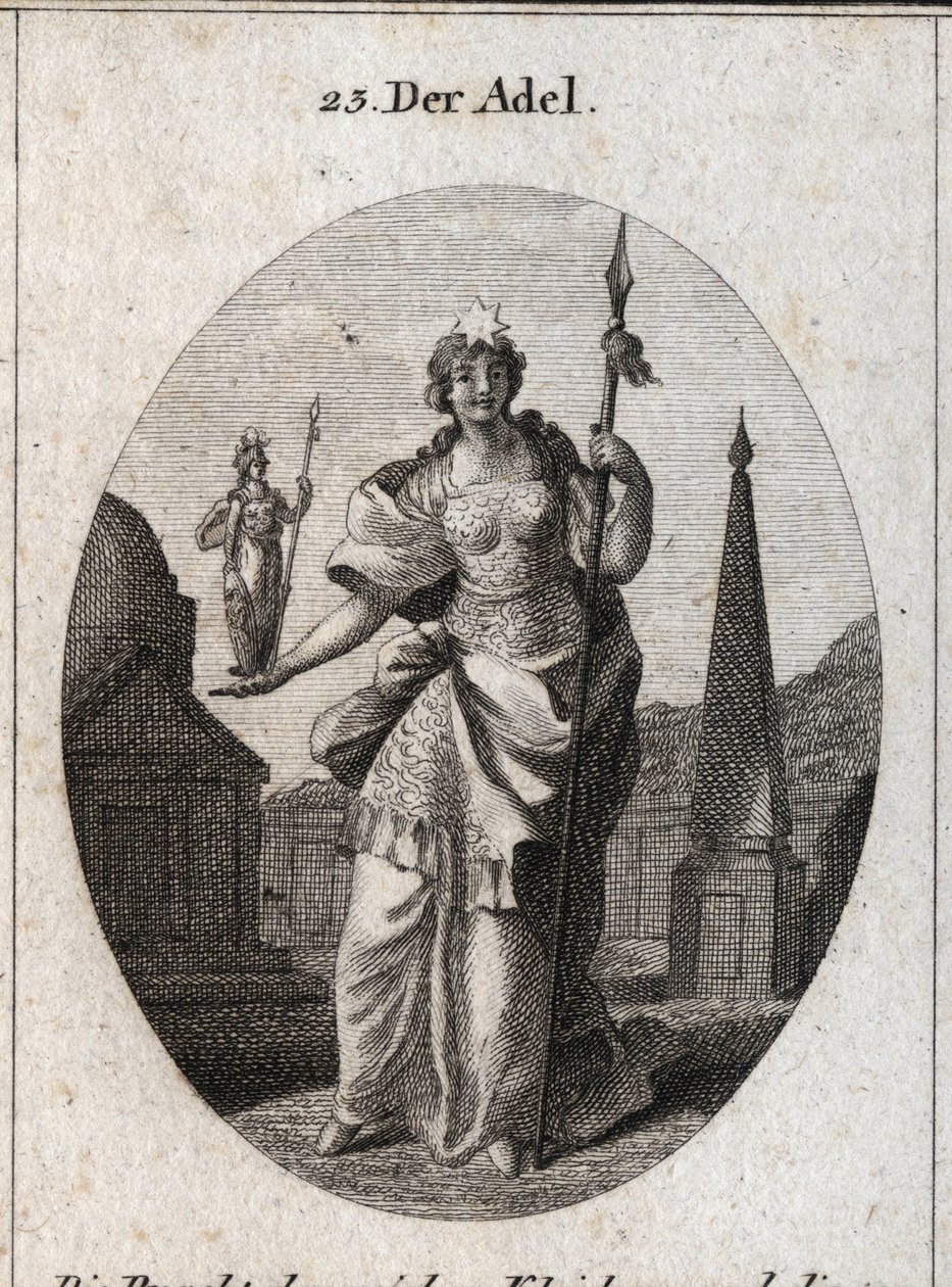 Allegory of the nobility. The star means the elevation of feelings. The statue of Minerva and the spear mark that it can acquire merit in science and weapons. Engraving in 