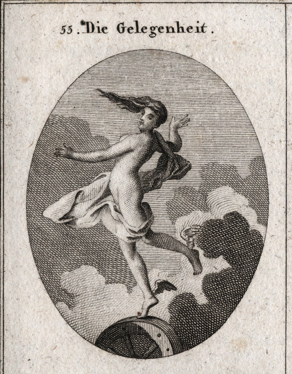 Allegory of the Occasion. With wings on the feet and hair forward, it rests slightly on a wheel. Engraving in 