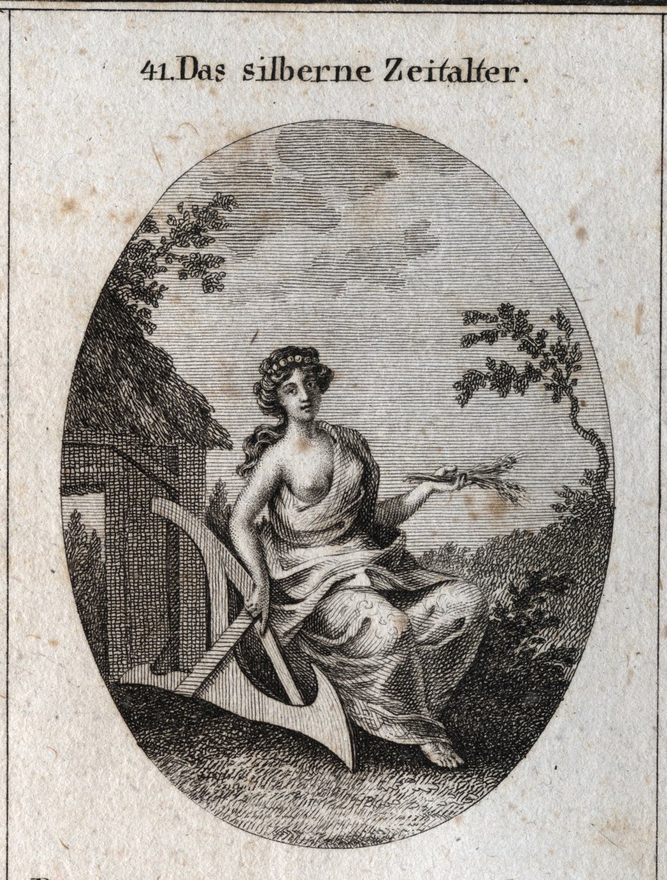 Allegory of the Silver Age with a Handle of Epis to Cultivate the Land and Wood to Make Huts. Engraving in Iconologie oder Ideen aus dem Gebiete der Leidenschaften und Allegorien bildich dargestellt fur Zeichner, Mahler, Dichter, Gelehrte, Erzieher und by Austrian School