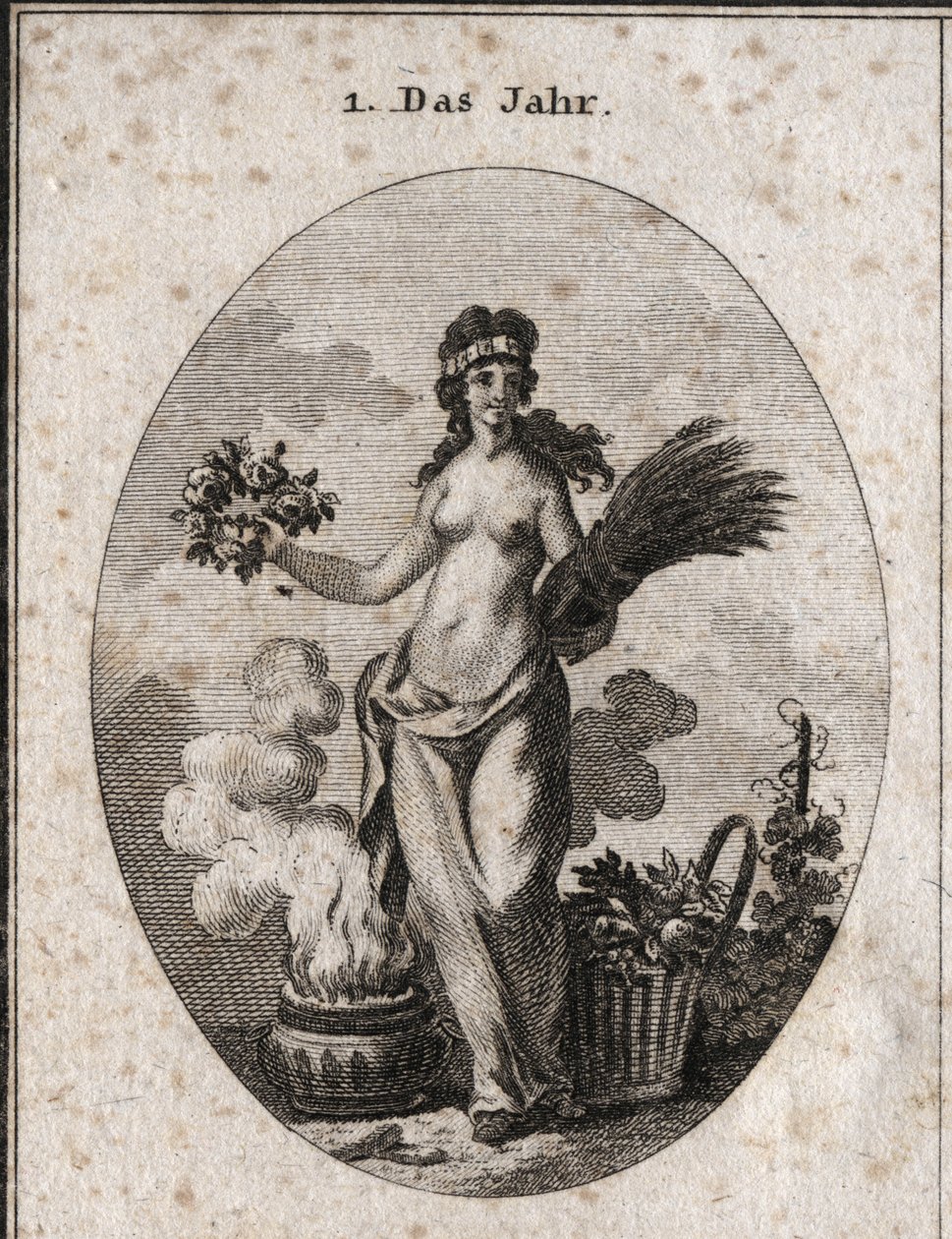 Allegory of the Year Surrounded by Symbols of the Four Seasons (Wreath of Flowers for Spring, Wreath of Wheat for Summer, Basket of Reason for Autumn and Vase of Fire for Winter). The Year is Half Dressed in Reference to the Degrees of Heat and Cold with by Austrian School