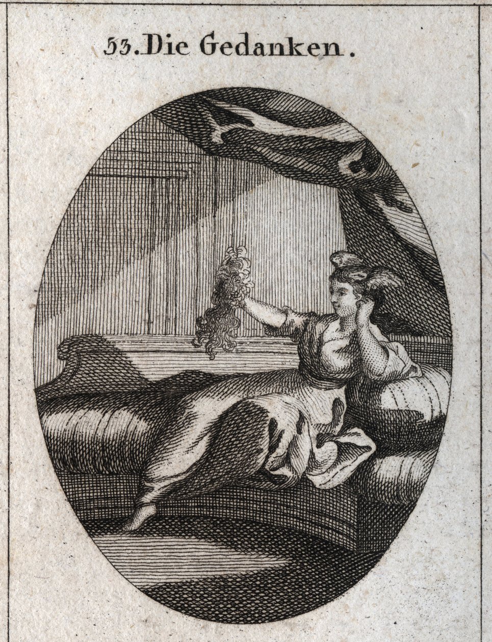 Allegory of Thoughts represented with wings at the head and holding a bunch of tangled threads, an image of the embarrassment that various thoughts give. Engraving in 