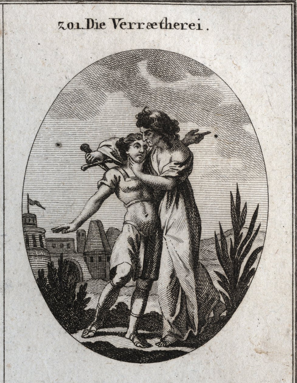 Allegory of treason. An awful old woman caresses a handsome young man and at the same time prepares to stab him. Engraving in 