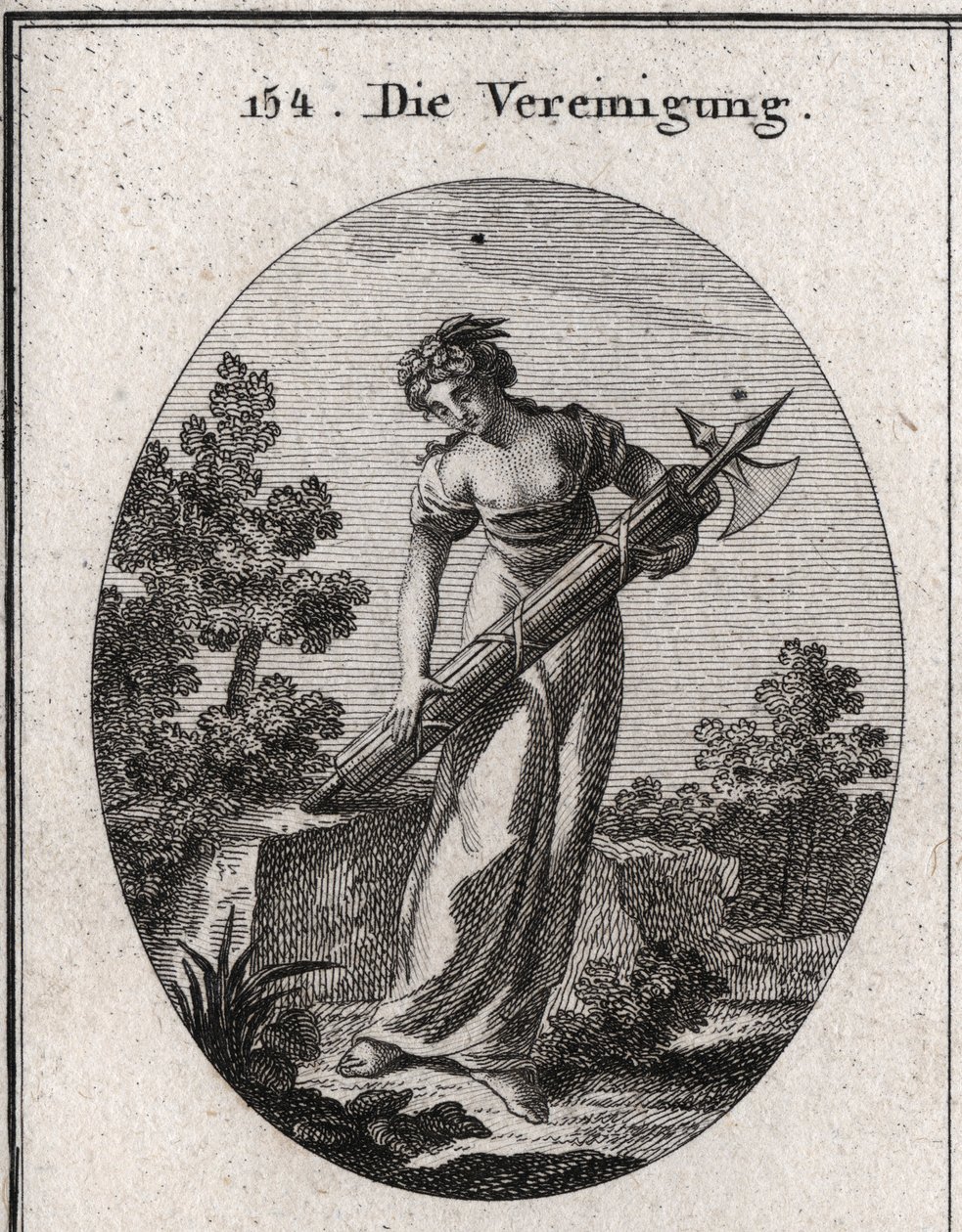 Allegory of union. Crowned with olive tree symbol of peace, and mirth representing joy. It flows on a bunch of tightly bound sticks without bending the image of strength and union. Engraving in “Iconologie oder Ideen aus dem Gebiete der Leidenschaf by Austrian School