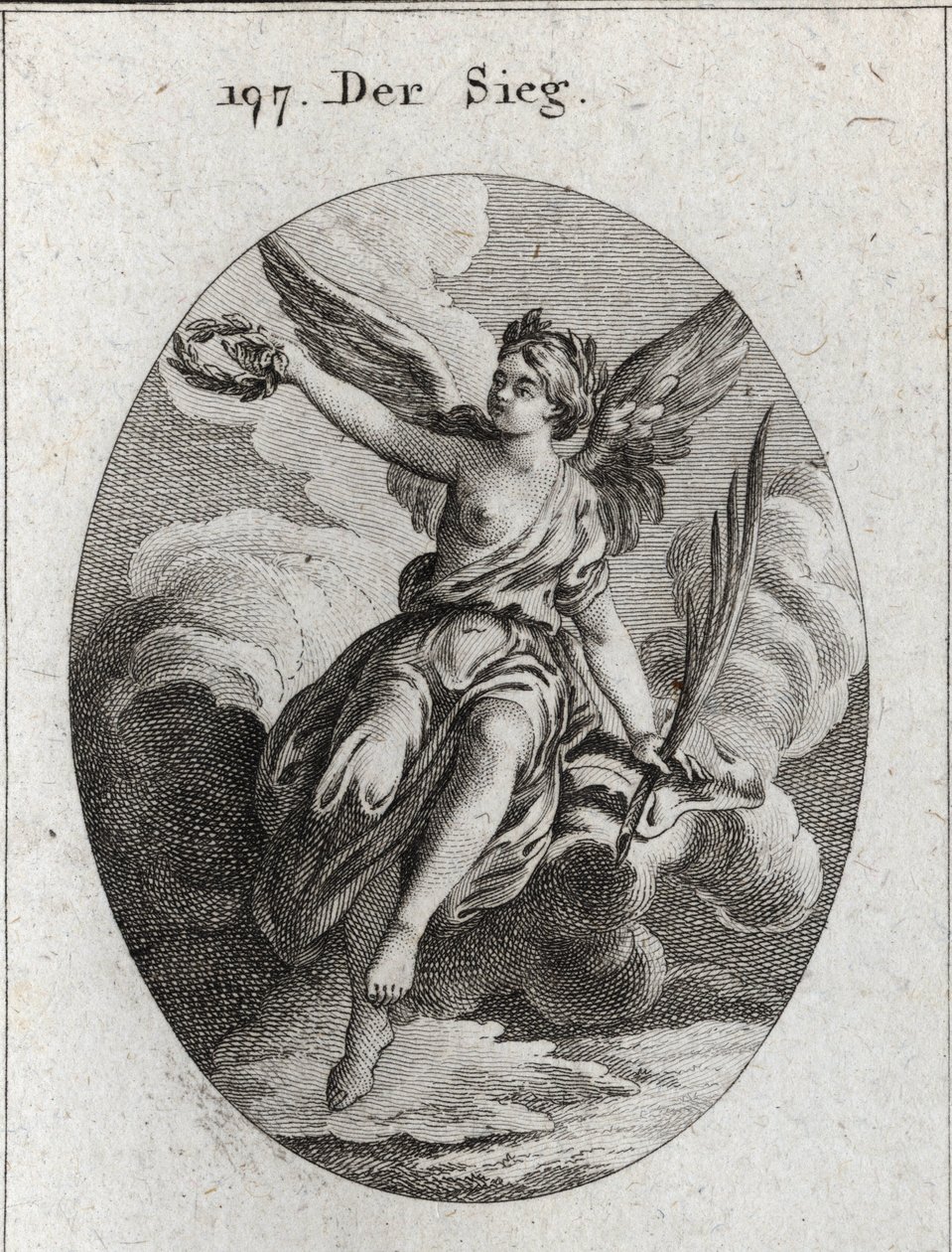 Allegory of Victory. She Has Wings and Holds a Palm and a Laurel Wreath. Engraving in 