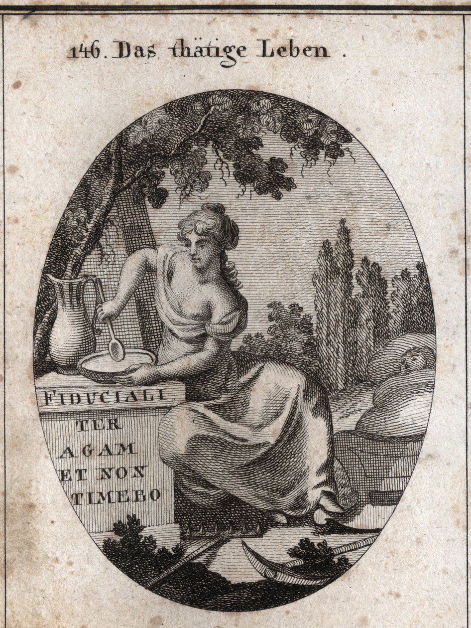 Allegory of Working Life Sitting in the Shade of a Vine. She is Represented Preparing to Eat in a Pond and Rocking with Her Foot a Child. Ploughing Instruments Are Placed Beside Her. Engraving in 