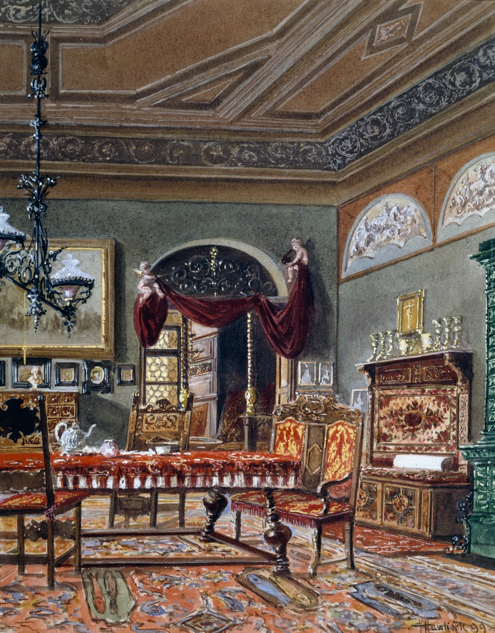 Biedermeier Style Hall, Watercolor by Austrian School