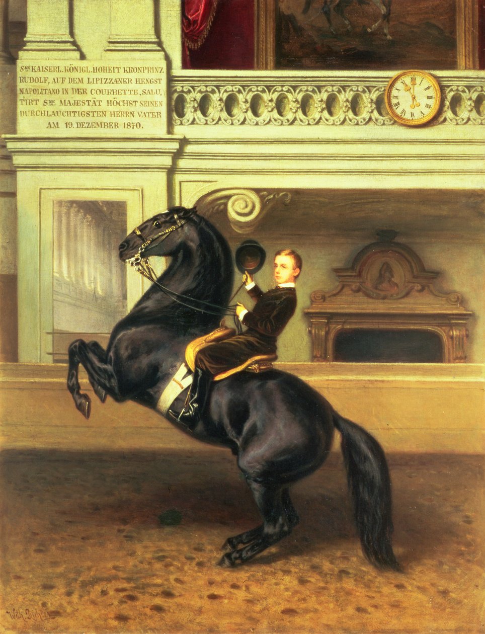 Crown Prince Rudolph of Austria on horseback in the Winter Riding School of the Hofburg, Vienna by Austrian School