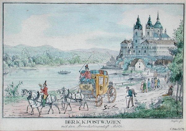 Imperial Austrian Postal Service Carriage in Front of Melk Abbey Beside the River Danube by Austrian School