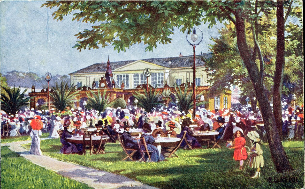 Postcard depicting the terrace of the Meierei-Tivoli cafe, Schonbrunn Quarter, Vienna by Austrian School