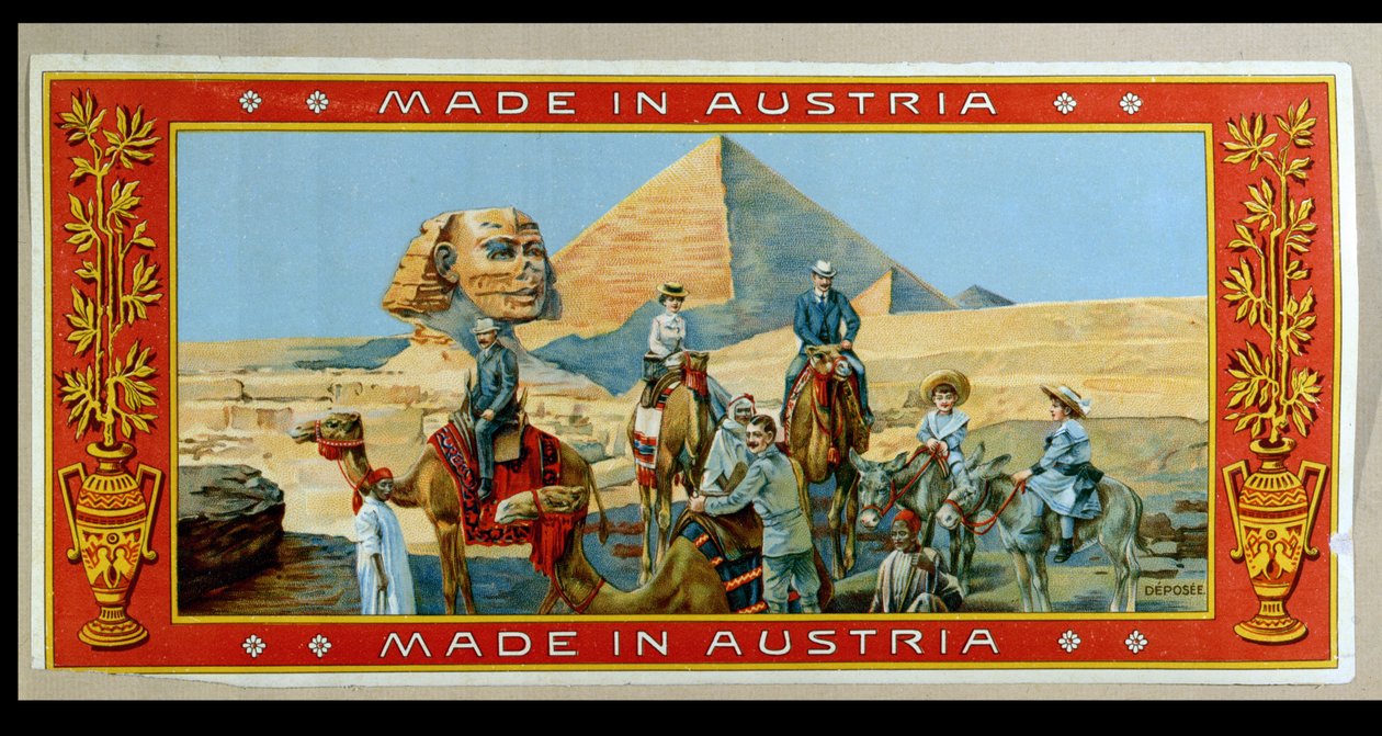 Tourists at the pyramids in Egypt, label from a fez box, c.1914 by Austrian School