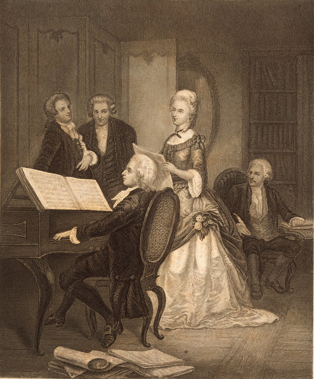 Wolfgang Amadeus Mozart accompanying Caterina Maddalena Giuseppa (engraving) by Austrian School