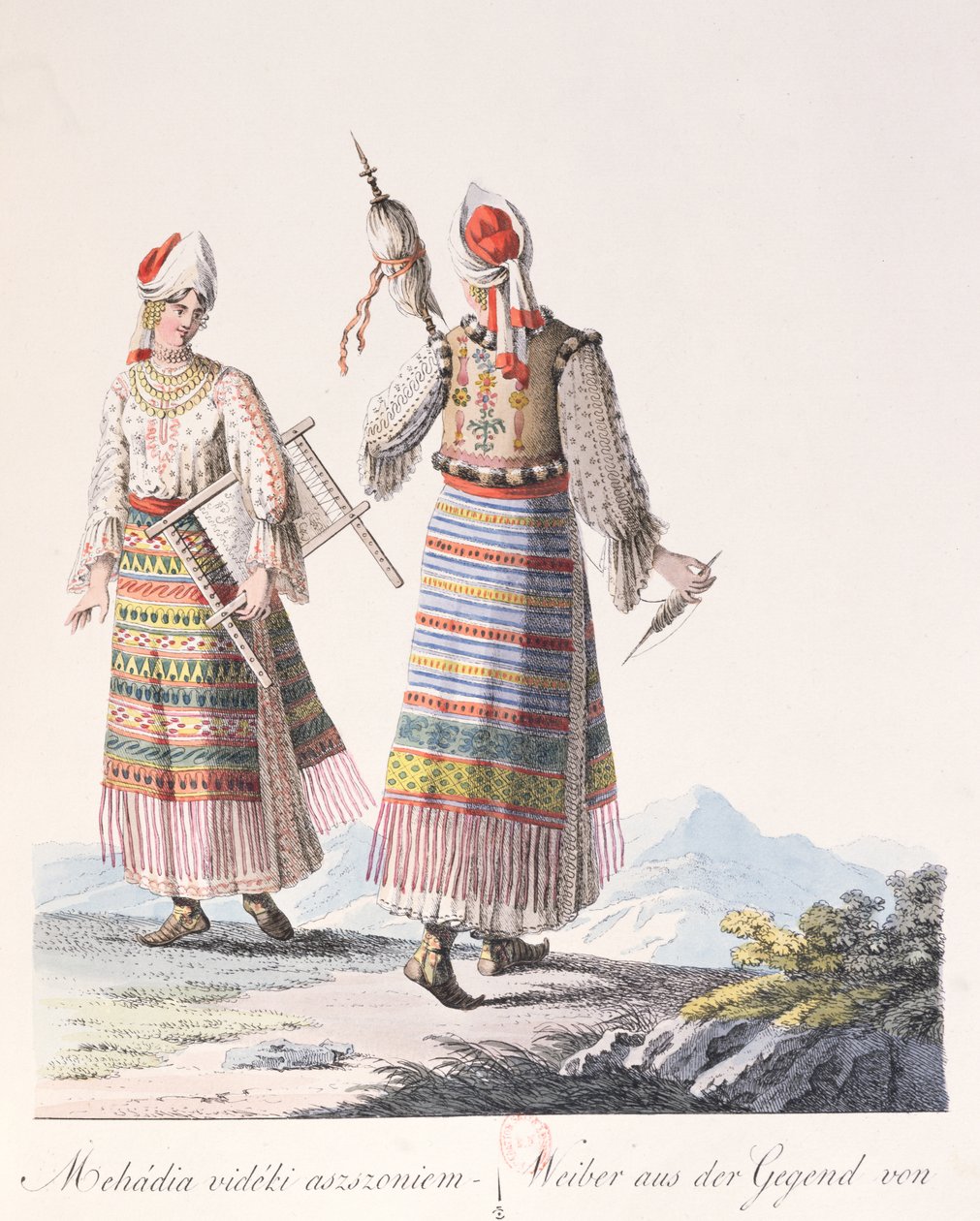 Women in traditional dress of the Mehadia region, illustration from a book Costumes de Hongrie by J.H. de Bikkesy, 1810 by Austrian School