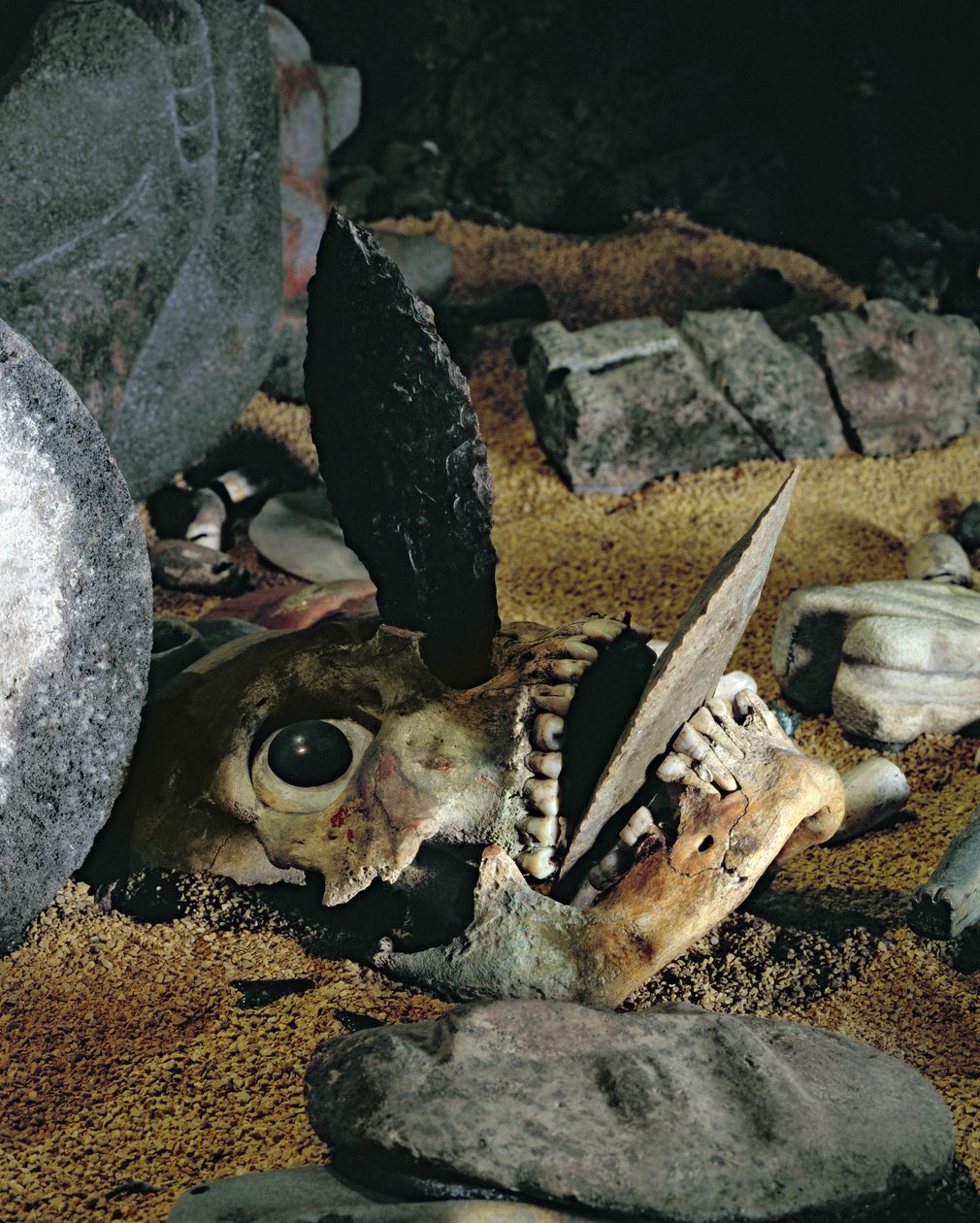Skull with Flint Knives Stuck in the Mouth and Nose (detail) by Aztec