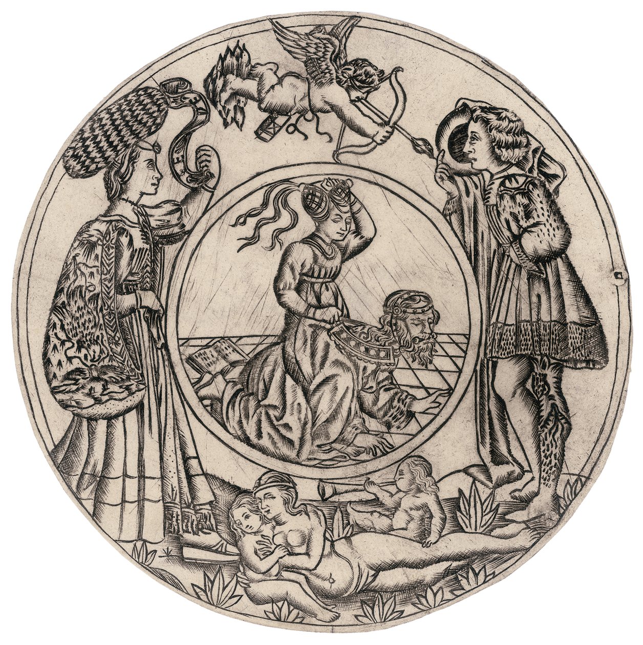 Aristotle and Phyllis, surrounded by a young man and woman with Eros, and reclining nude woman with two children, second half of the 15th century by Baccio Baldini