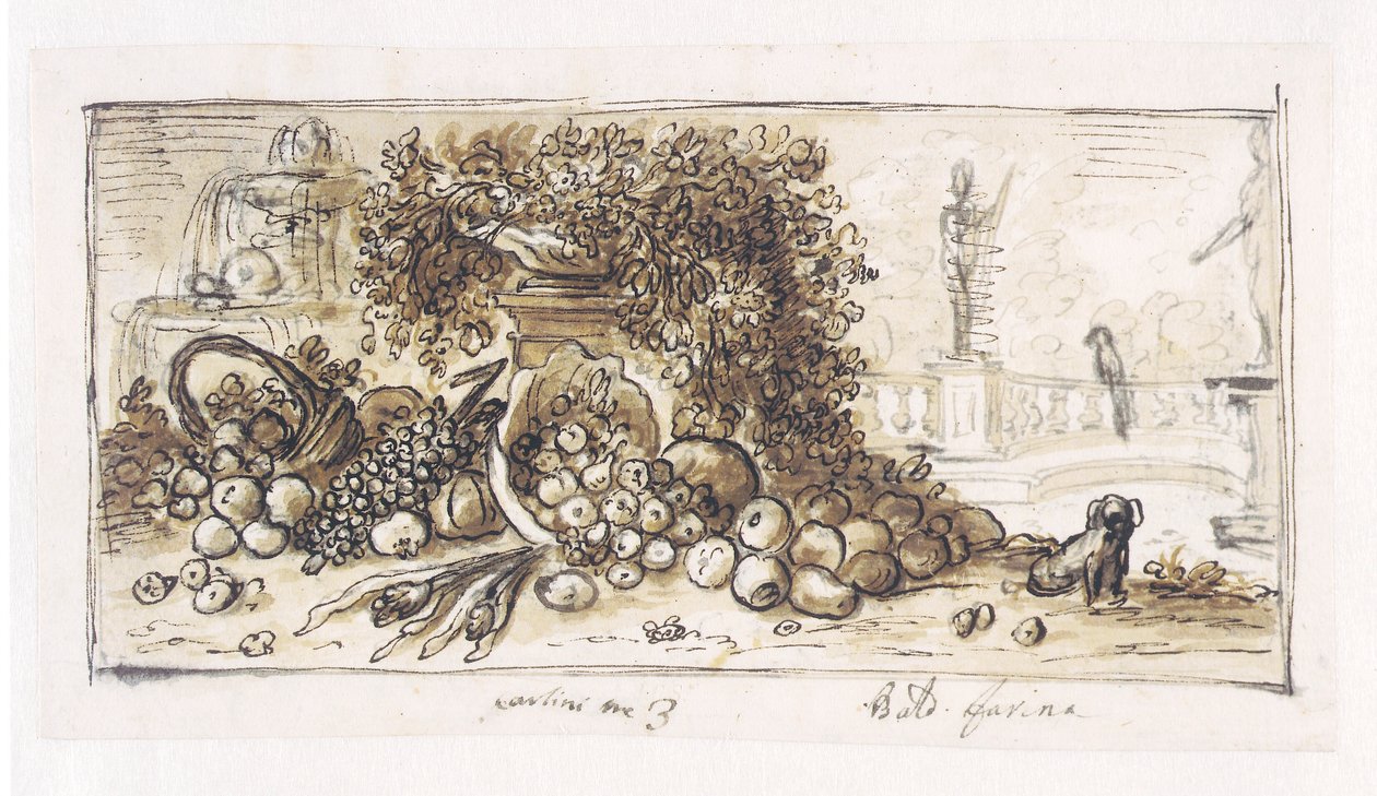 Still Life in a Park with a Fountain, a Dog, and a Parrot by Baldassare Farina