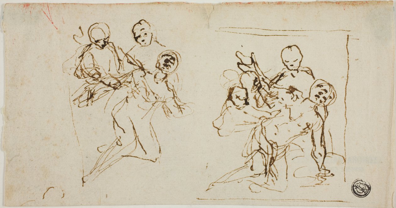 Two Composition Sketches of Collapsing Figure Supported by Two Other Figures (recto); Compositional Sketch of Kneeling Figure Accompanied by Two Other Figures by Baldassare Franceschini