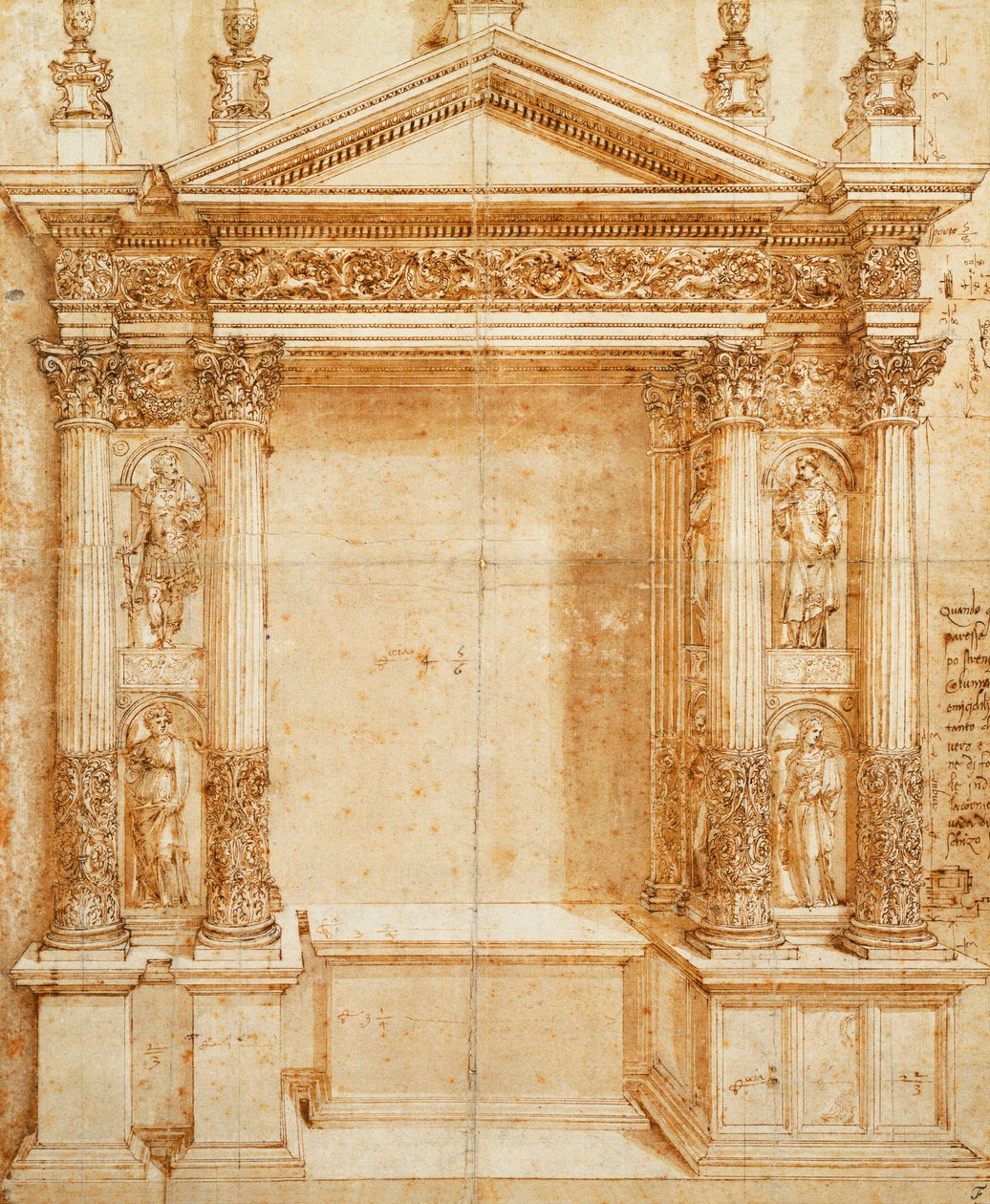 Design for an Altar with a Pedimented Tabernacle Supported on Paired Corinthian Statues of Saint Lucy, Saint Agnes, Saint Ansanus and Saint Stephen in Niches Between These by Baldassarre Peruzzi