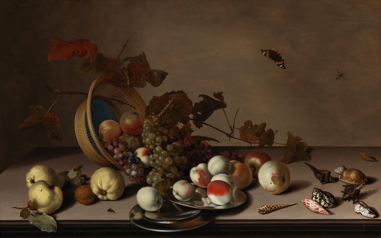 Fruit Still Life with Wicker Basket, Mussels and Butterfly by Balthasar van der Ast