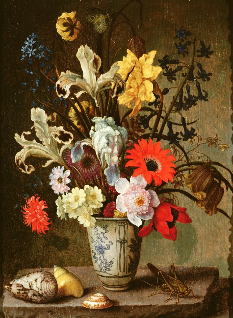 Floral Study with beaker, grasshopper and seashells by Balthasar van der Ast