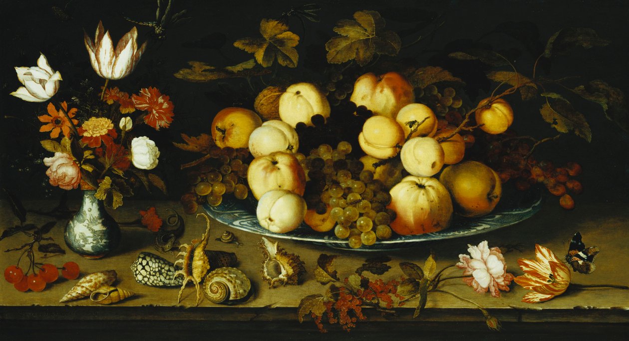 Fruit on a Dish, Flowers in a Wanli Kraak Porselein Vase, Sprigs of Cherries and Redcurrants, Seashells, a Rose, a Tulip, a Pink, a Lizard, a Snail and a Red Admiral on a Stone Ledge, Dragonflies Above by Balthasar van der Ast