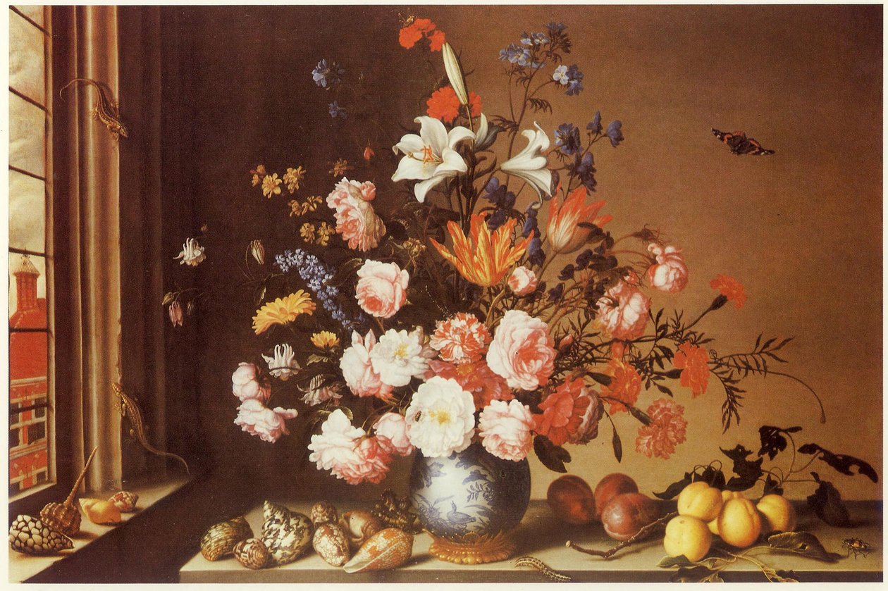 Interior with Large Bouquet, Shells, Fruits and Lizards by Balthasar van der Ast
