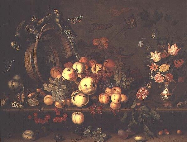 Still Life with Fruit, Flowers and Parrots, early 1620s by Balthasar van der Ast