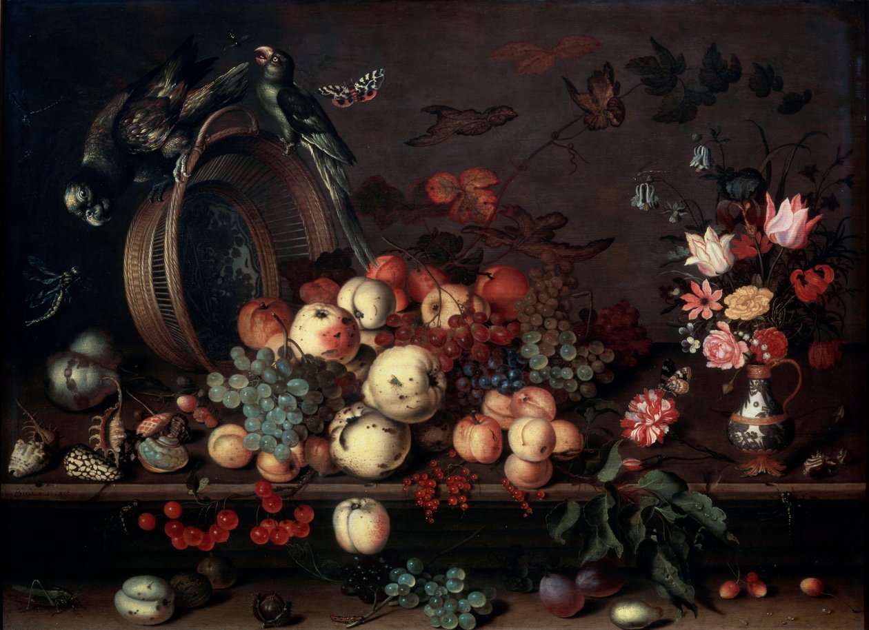 Still Life with Fruits, Flowers and Parrots by Balthasar van der Ast