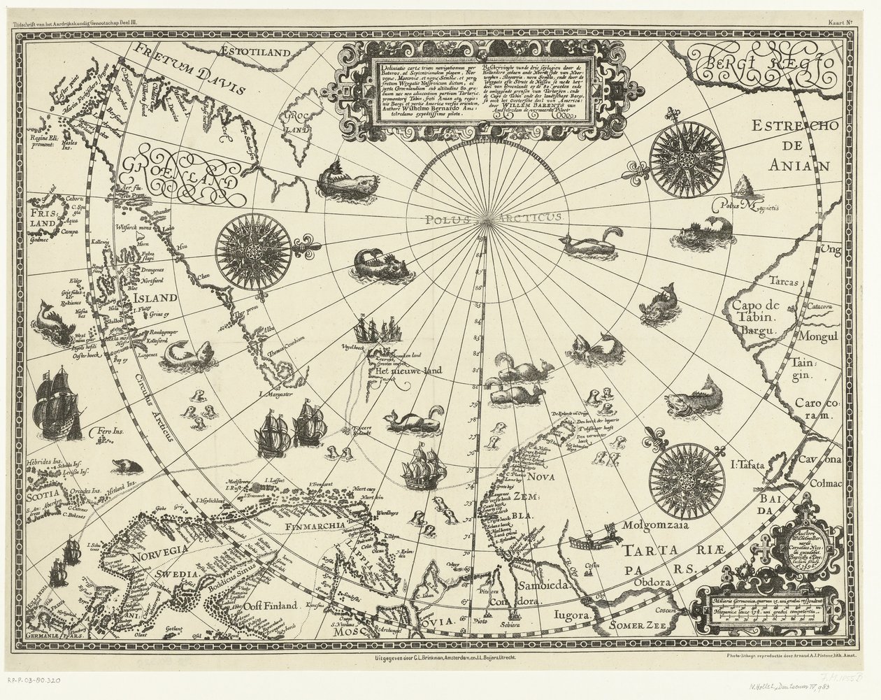 Map of the Countries Around the Arctic Circle with the Three Voyages of the Dutch in 1598 by Baptista van (after) Doetechum
