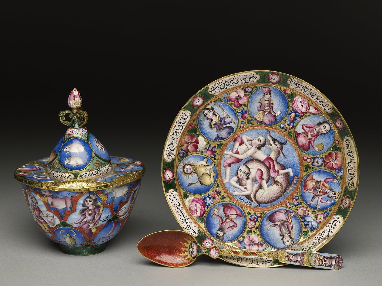 Lidded bowl, saucer and spoon with astrological decoration by Baqir