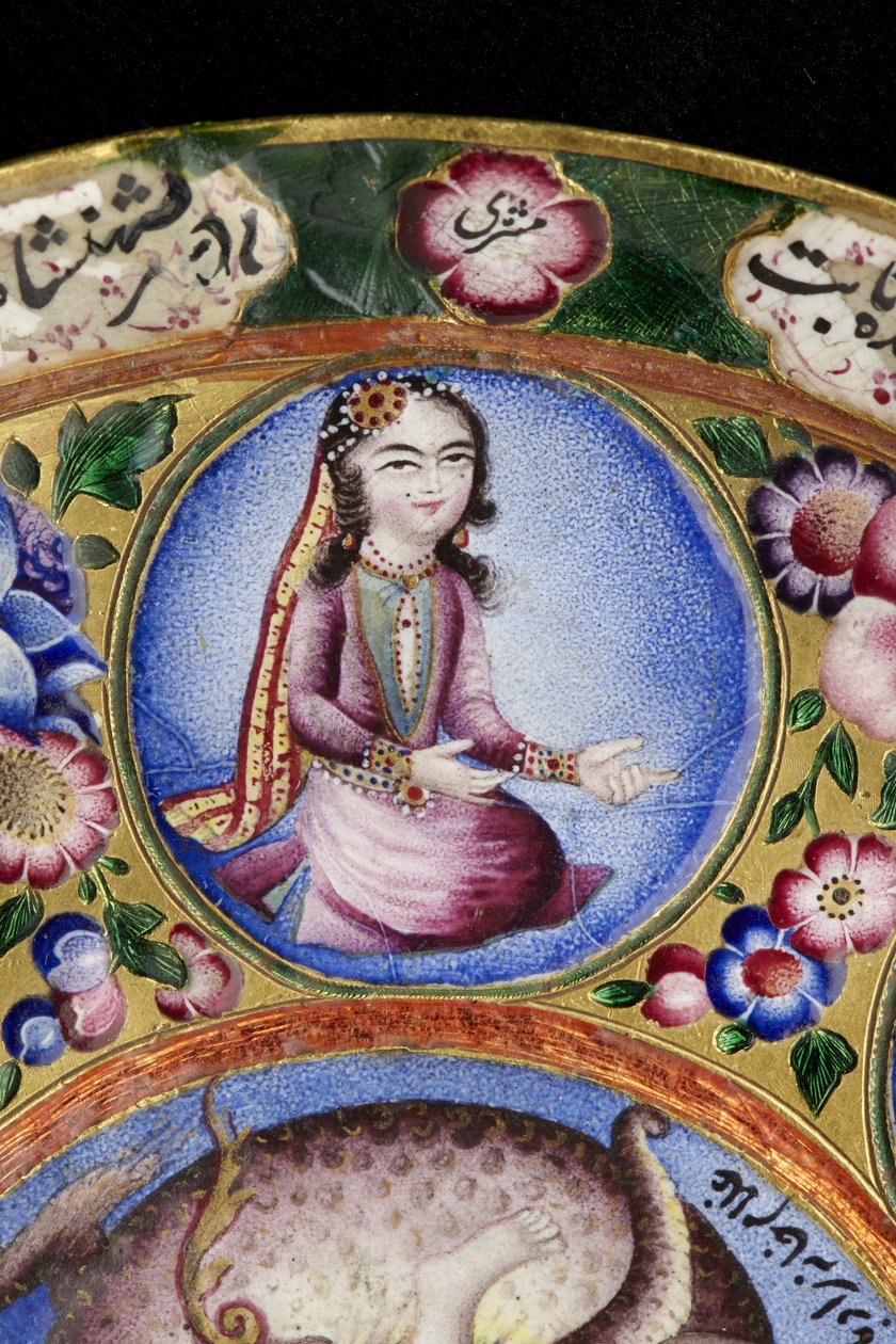 Lidded bowl, saucer and spoon with astrological decoration, early 19th century by Baqir Baqir