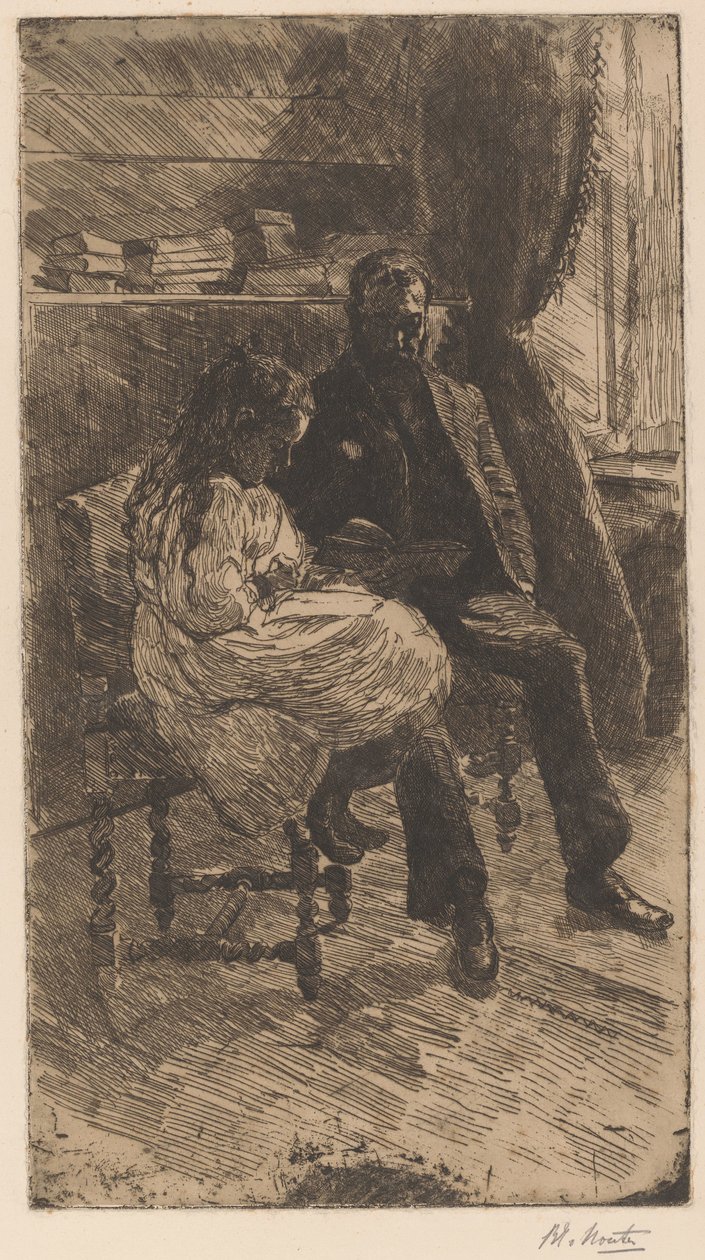 Interior with a Man and a Girl Reading a Book Together by Barbara Elisabeth van Houten (signed by artist)