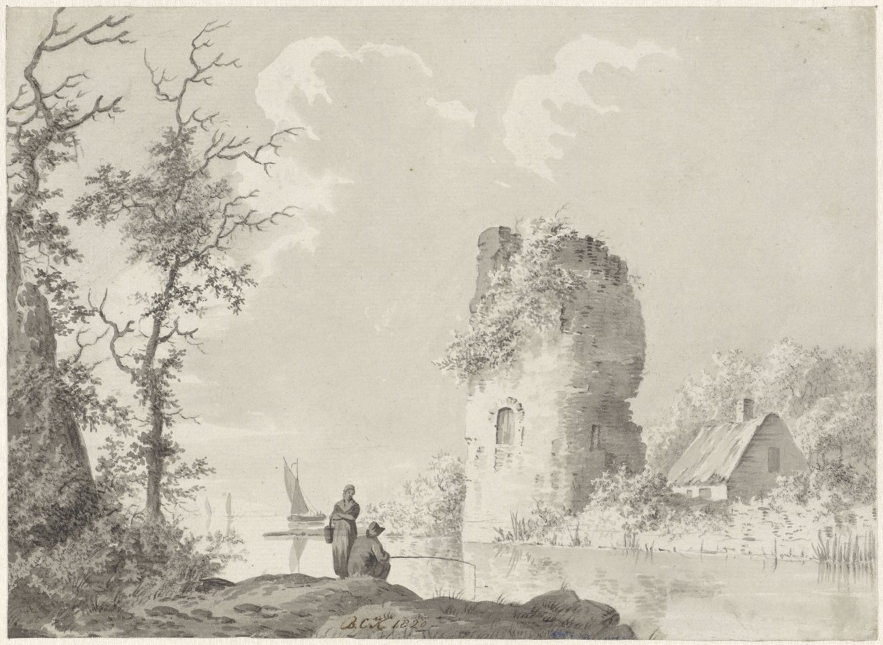 River Landscape with Tower and Angler by Barend Cornelis Koekkoek