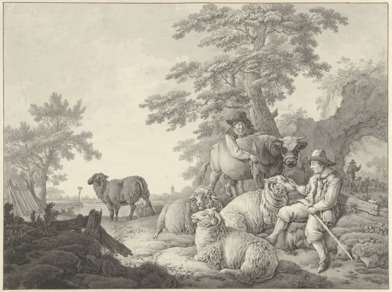 Shepherd with Sheep and a Boy with a Young Bull in a Landscape by Barend Hendrik Thier