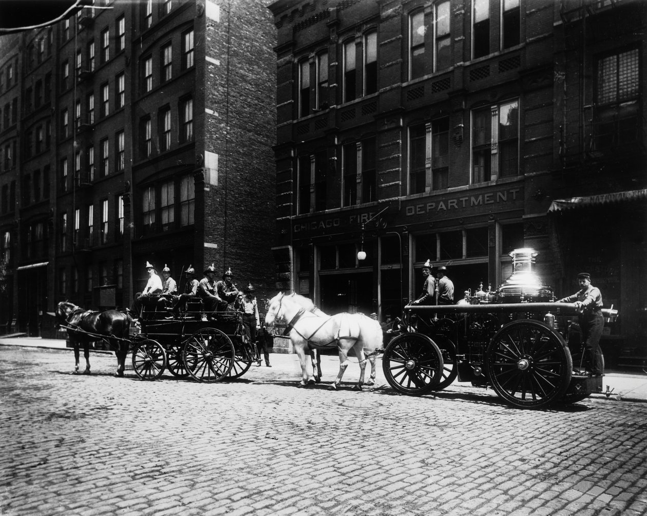 Fire Engines Outside of Engine House No. 40, Chicago, Illinois, USA, c.1905 by Barnes and Crosby