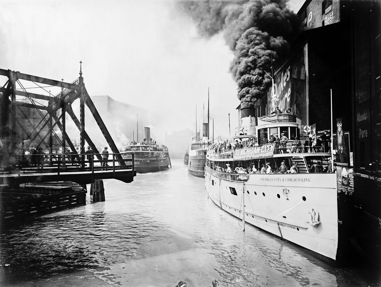 Passenger boats in the Chicago River, Chicago, Illinois, USA, c.1905 by Barnes and Crosby