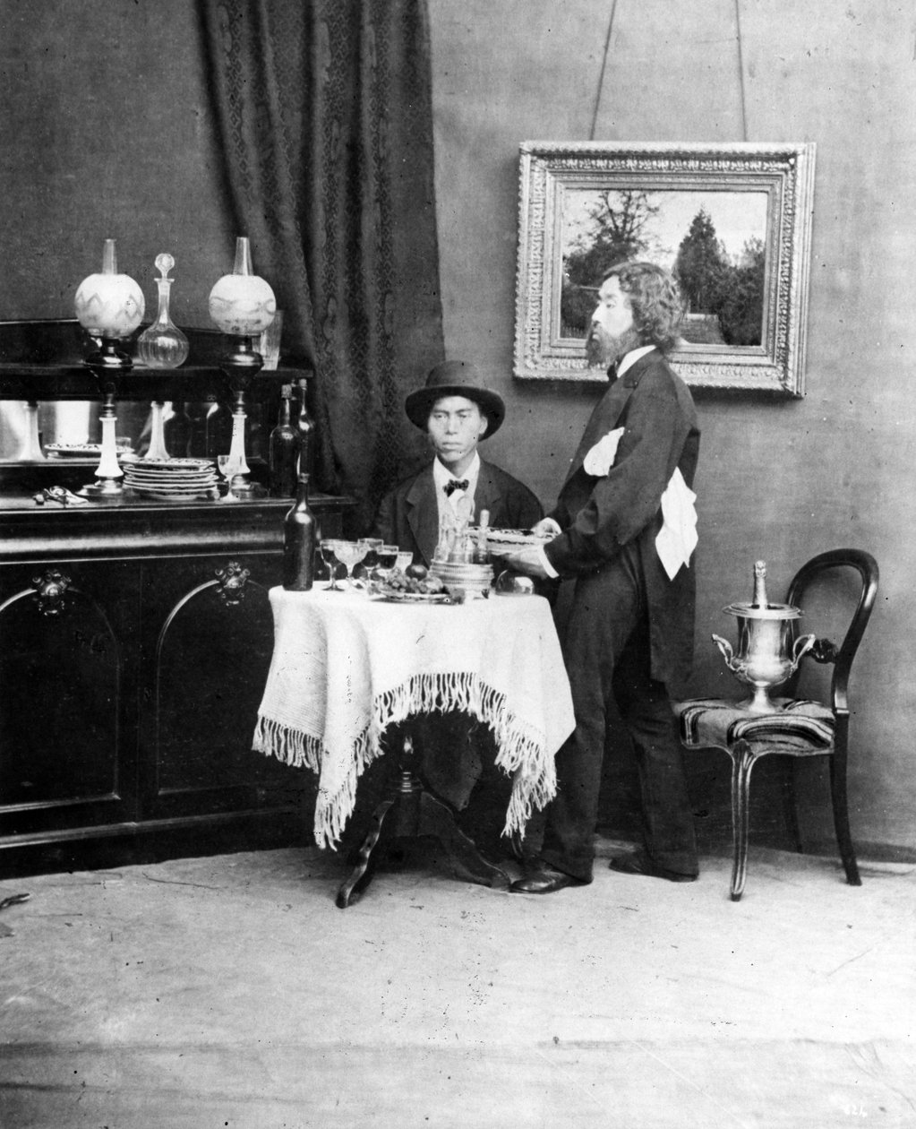 Japanese Diner and Waiter in Western Dress by Baron Raimund von Stillfried
