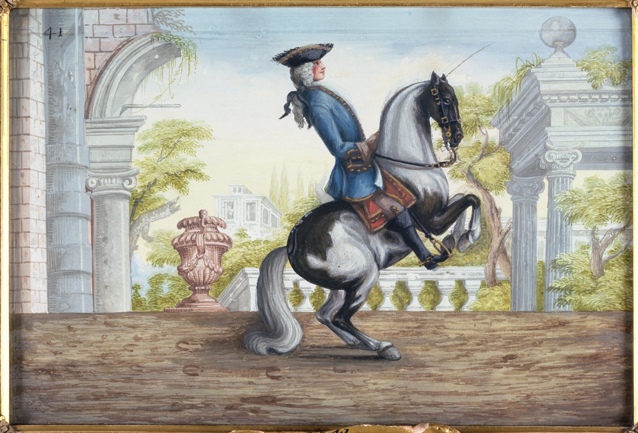 A skewbald horse of the Spanish Riding School performing the Pesade by Baron Reis Eisenberg