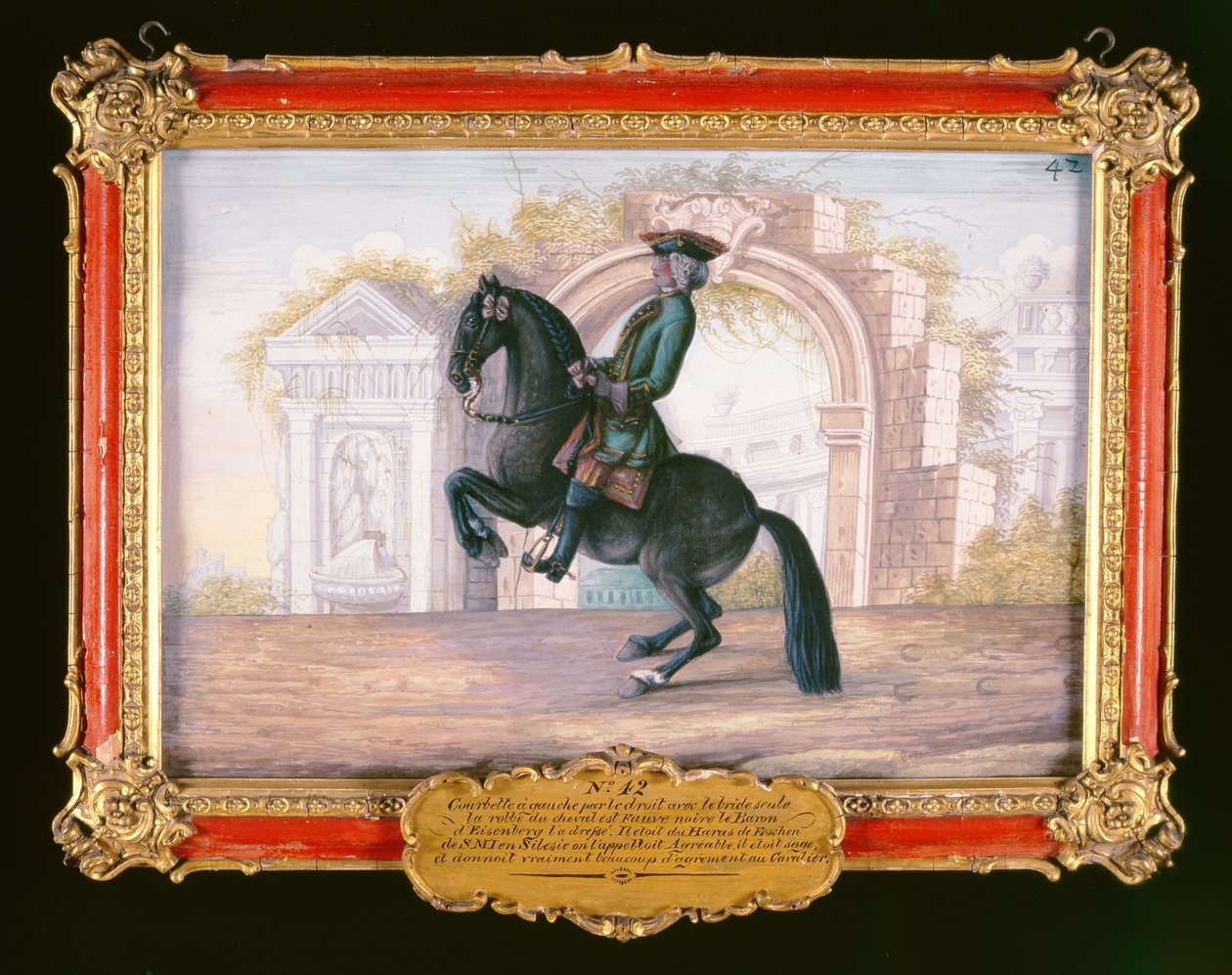 Agrable, a dark fawn horse of the Spanish Riding School performing a dressage movement called a Curvet by Baron Reis Eisenberg
